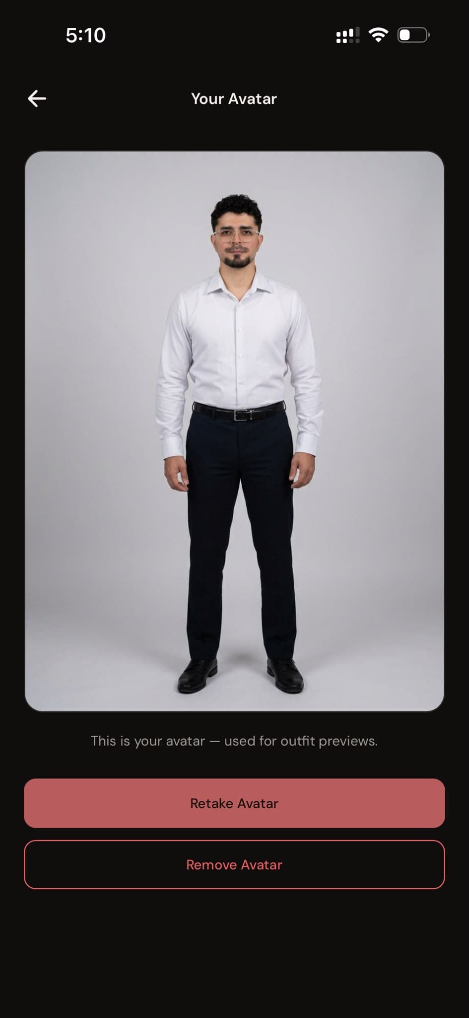 Avatar screen showing a full-body avatar used for outfit previews