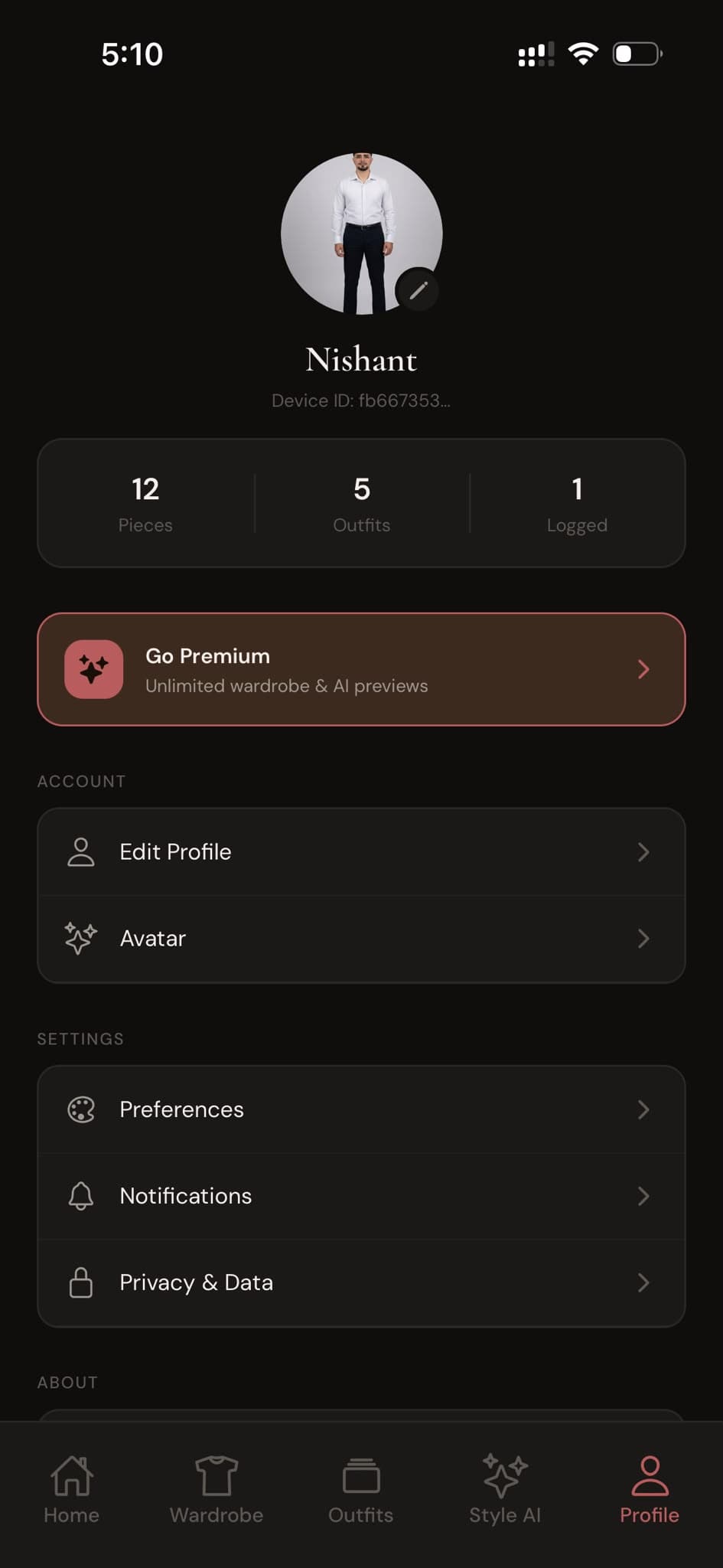 Profile screen with stats and settings