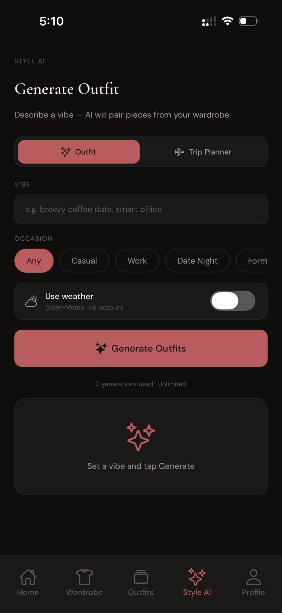 Style AI screen with a vibe field, occasion chips and a weather toggle